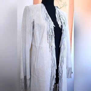 Womens White House Black Market Suede Coat w Fringe Cuff & Hem Sz M